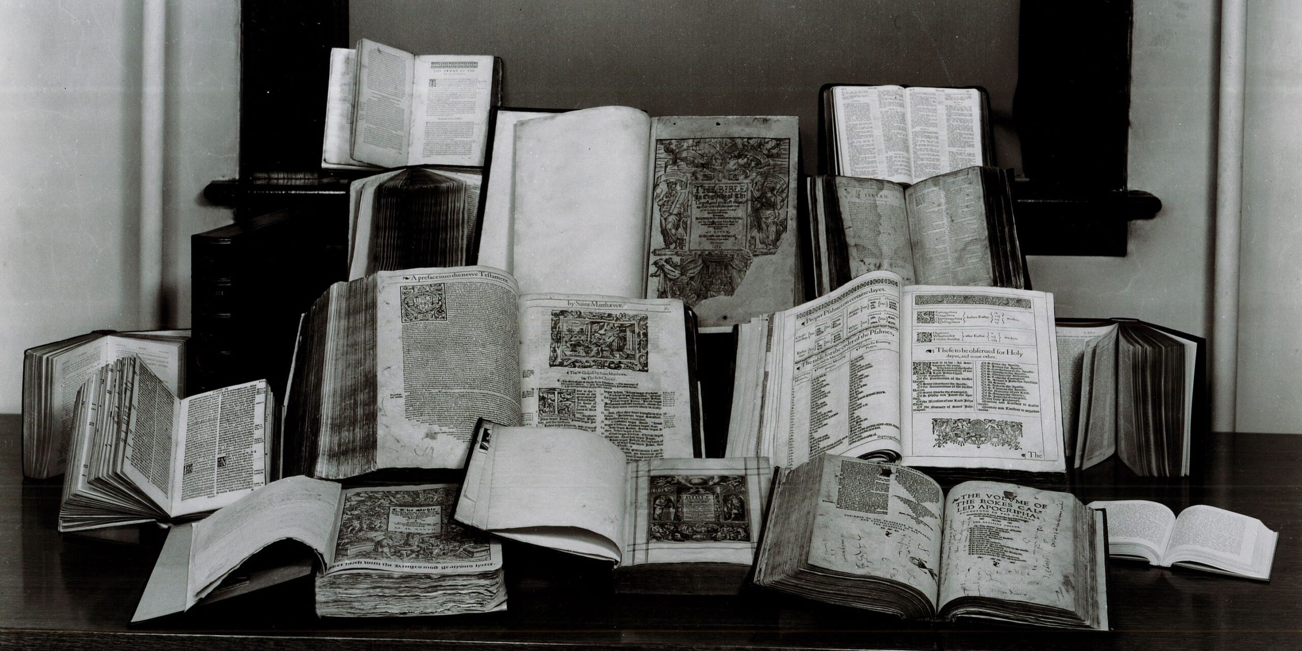 Black and White photo of some of Styberg's rare bibles on display