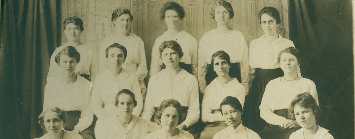 Historical photograph of 15 female graduates from Garrett's history