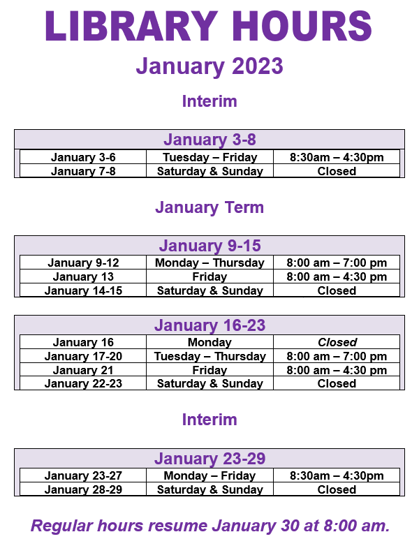 January 2022 Library Hours