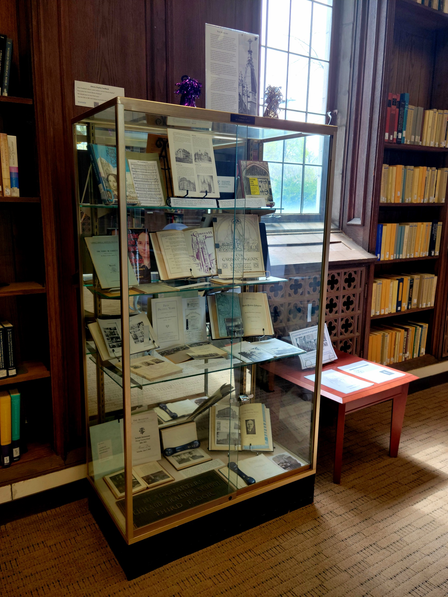Garrett-Evangelical History Display with Information about The Chicago Training School, Evangelical Theological Seminary, and Garrett Biblical Institute
